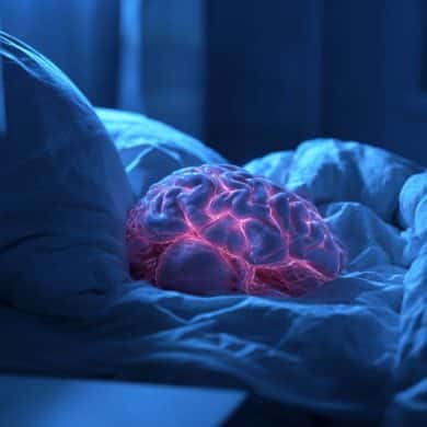 This shows a lit up brain on a bed.