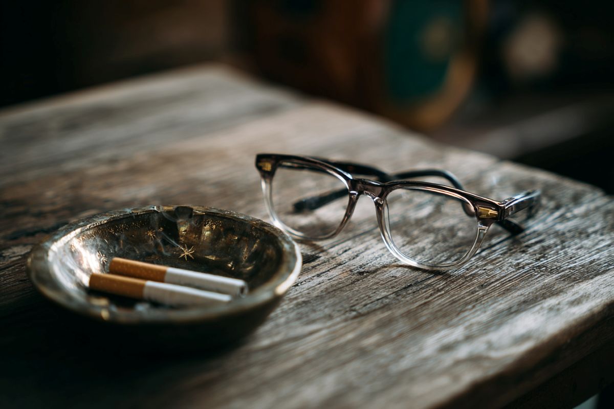 This shows a pair of eye glasses next to an ashtray, symbolizing the connection between smoking and AMD.