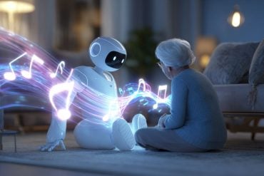 This shows an older lady sitting with a friendly looking robot. Around the robot is musical notes.