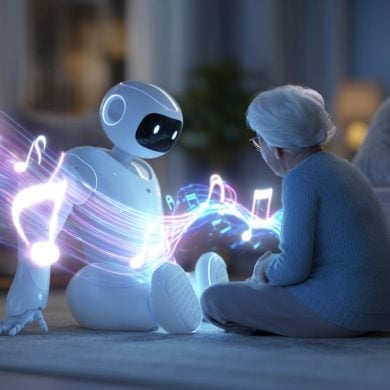 This shows an older lady sitting with a friendly looking robot. Around the robot is musical notes.