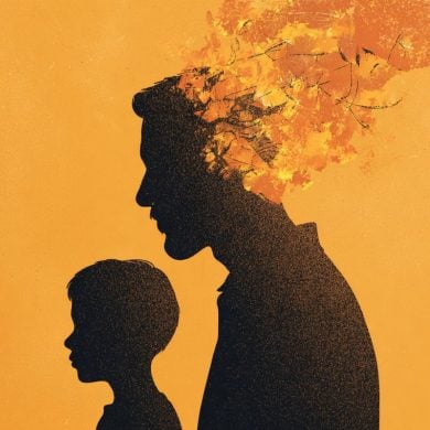 This shows the outline of a father and child. The father's head is clouded.