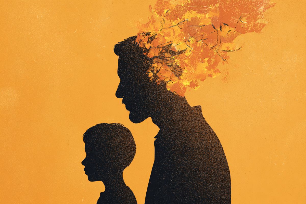 This shows the outline of a father and child. The father's head is clouded.