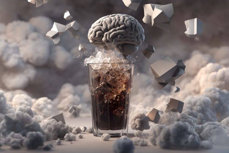 This shows a glass of soda and a brain floating above it.