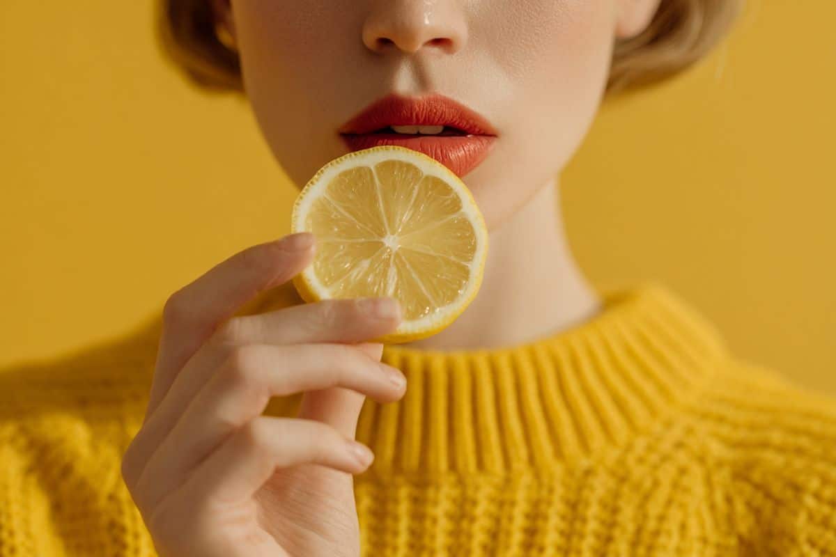 This shows a woman about to eat a slice of lemon.
