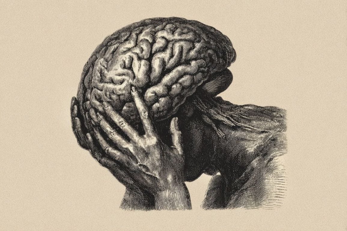 This shows a brain and a stressed person holding their head.