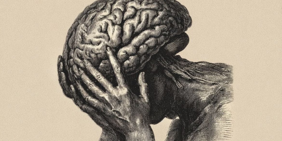 This shows a brain and a stressed person holding their head.