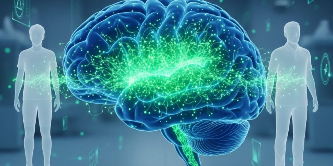 This shows a brain and the shadows of an older and a younger person.