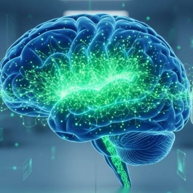 This shows a brain and the shadows of an older and a younger person.