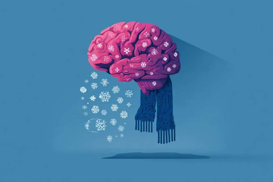 This illustration shows a brain wrapped in a scarf and covered in snowflakes.