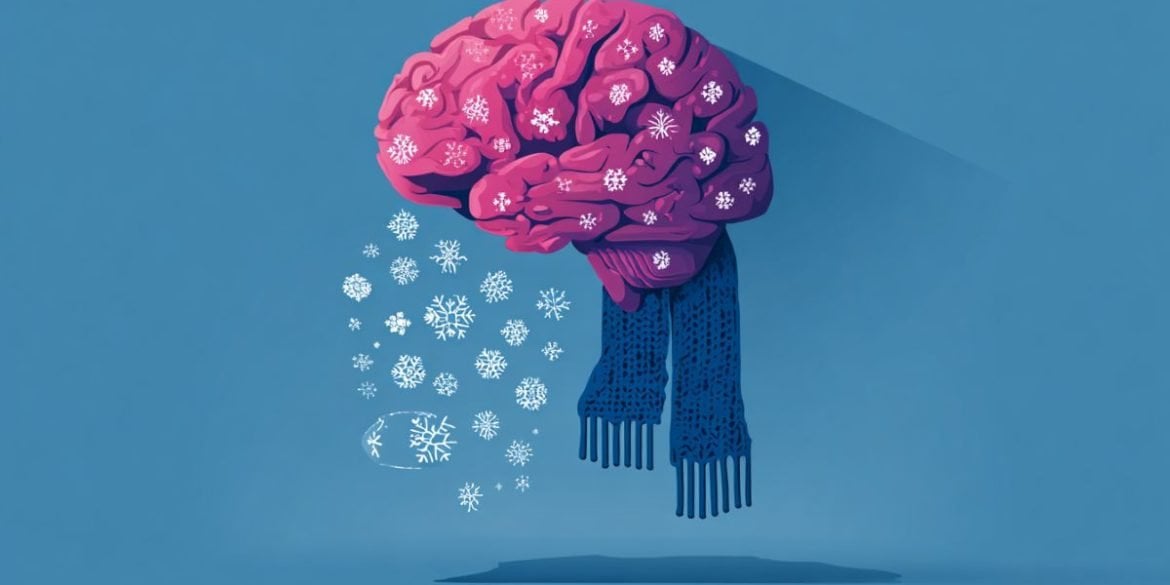 This illustration shows a brain wrapped in a scarf and covered in snowflakes.