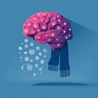 This illustration shows a brain wrapped in a scarf and covered in snowflakes.