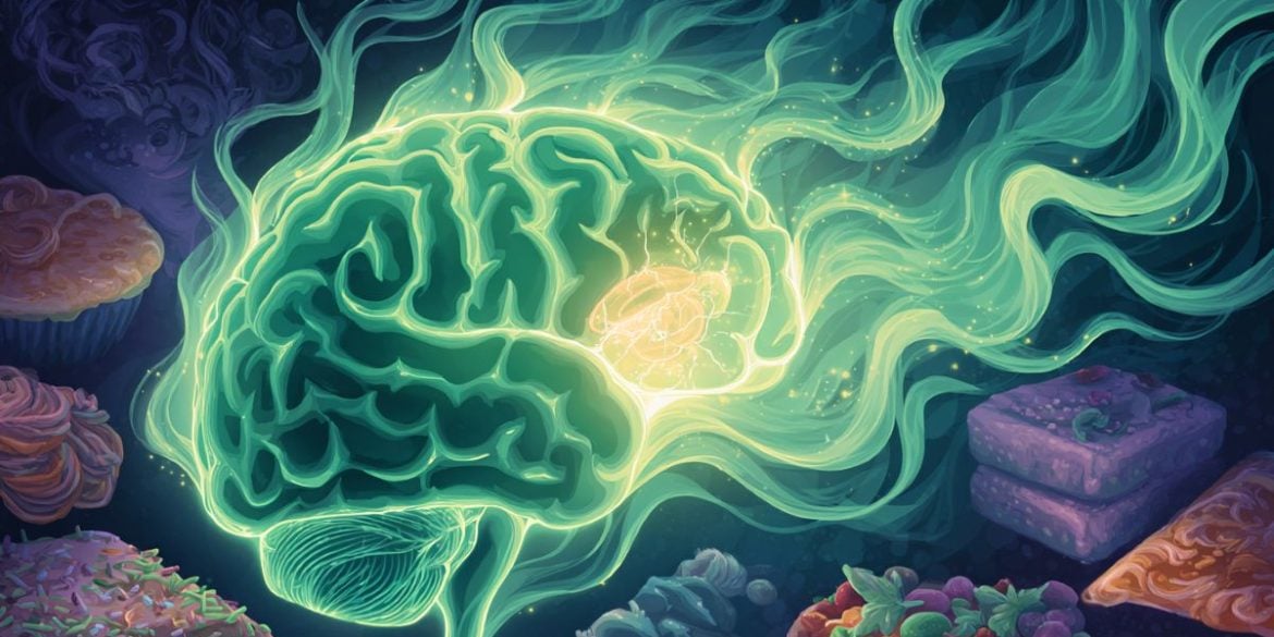 This illustration shows a brain surrounded by comfort foods.
