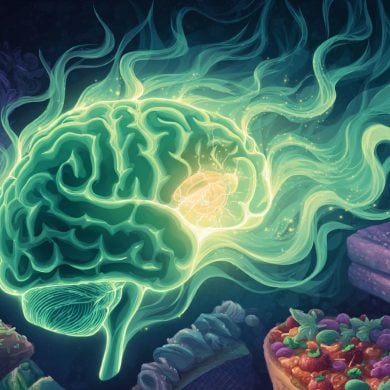 This illustration shows a brain surrounded by comfort foods.