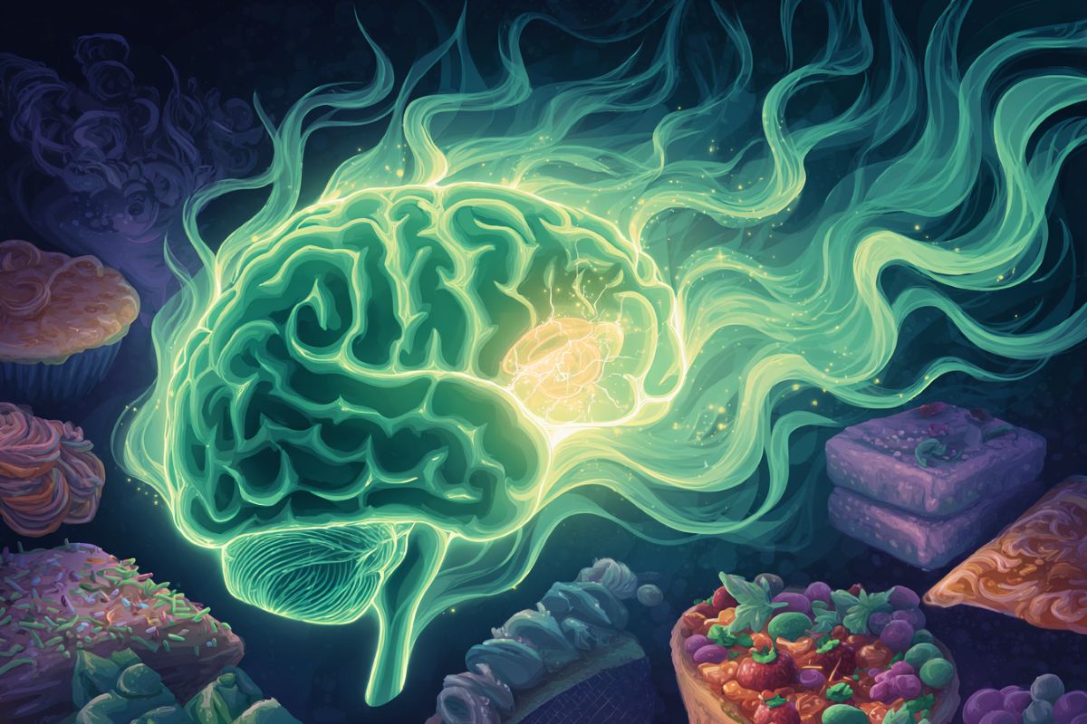 This illustration shows a brain surrounded by comfort foods.