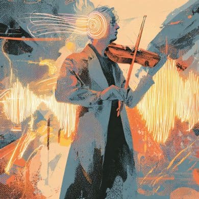This shows an illustration of a violinist with a glowing light around their ear.