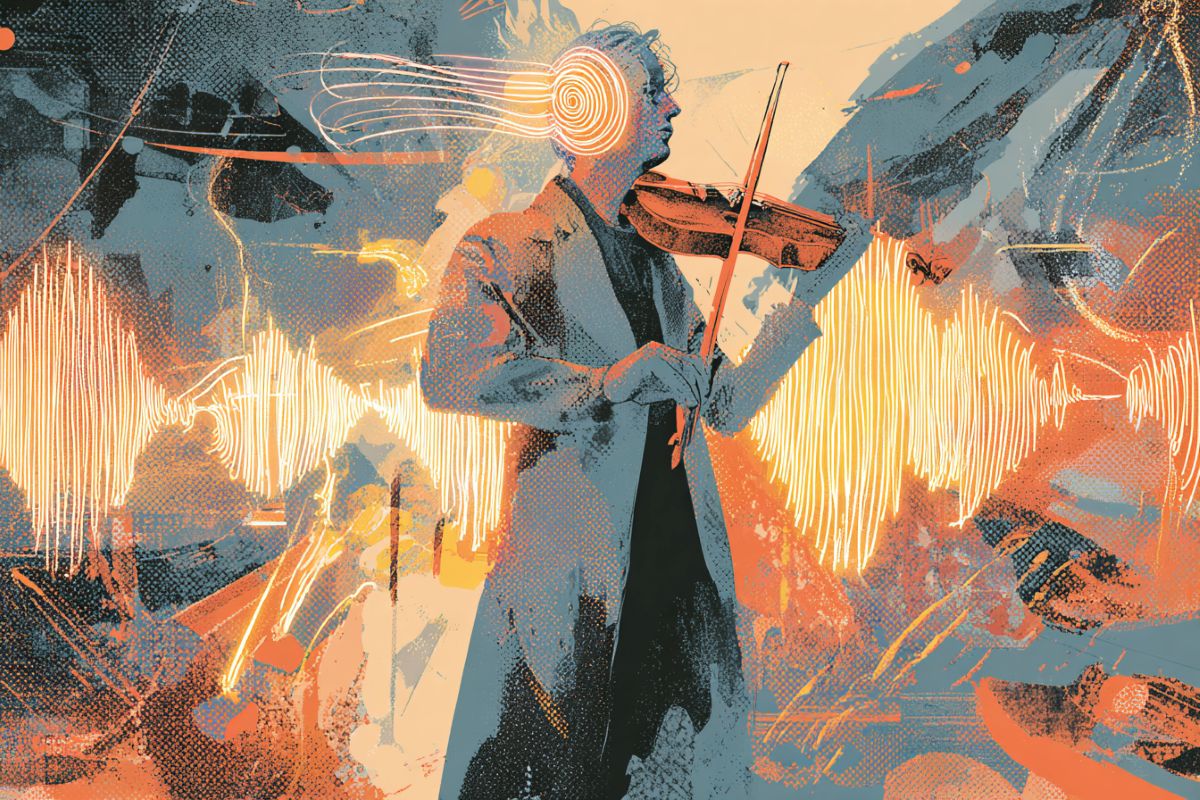 This shows an illustration of a violinist with a glowing light around their ear.