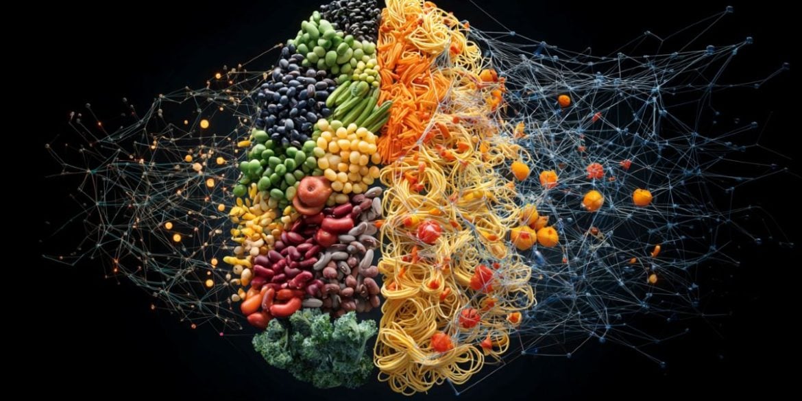 This shows a brain of fresh foods and processed foods, representing how diet affect brain and cognitive development.