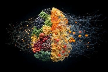 This shows a brain of fresh foods and processed foods, representing how diet affect brain and cognitive development.