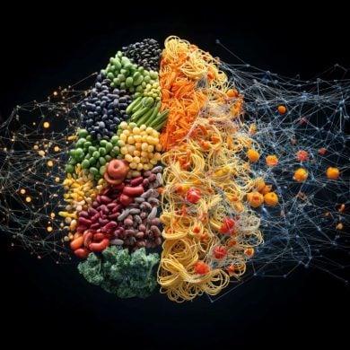 This shows a brain of fresh foods and processed foods, representing how diet affect brain and cognitive development.