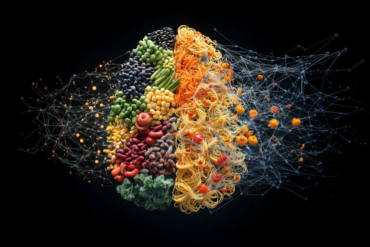 This shows a brain of fresh foods and processed foods, representing how diet affect brain and cognitive development.