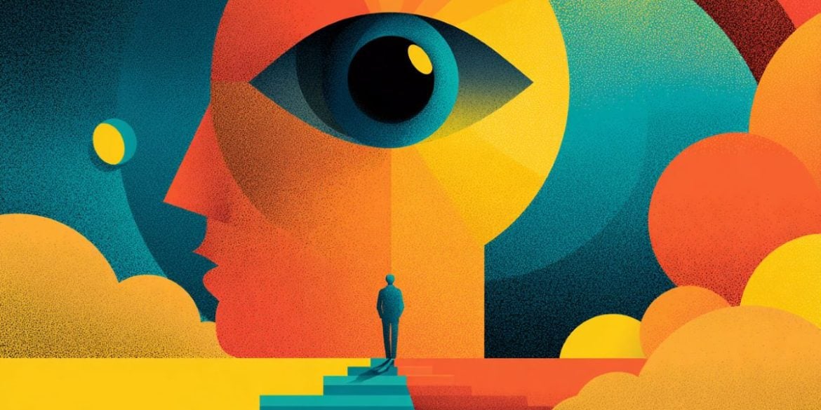 This is an abstract image of a head and an eye with bight colored objects surrounding it representing visual experiences.