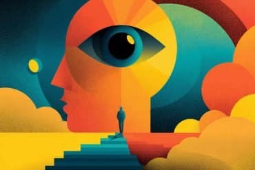 This is an abstract image of a head and an eye with bight colored objects surrounding it representing visual experiences.