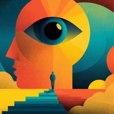 This is an abstract image of a head and an eye with bight colored objects surrounding it representing visual experiences.