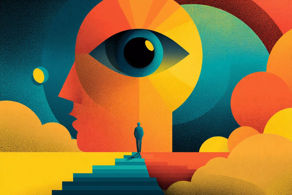This is an abstract image of a head and an eye with bight colored objects surrounding it representing visual experiences.