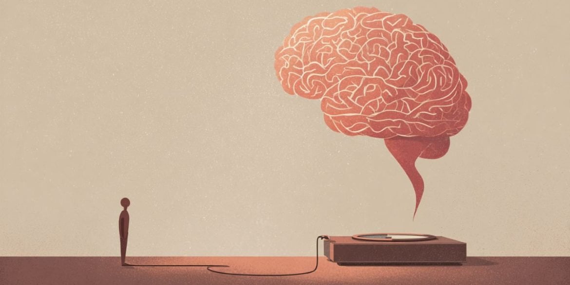 This illustration shows a brain on top of a weighting scale, representing the neural pathway associated with weight loss.