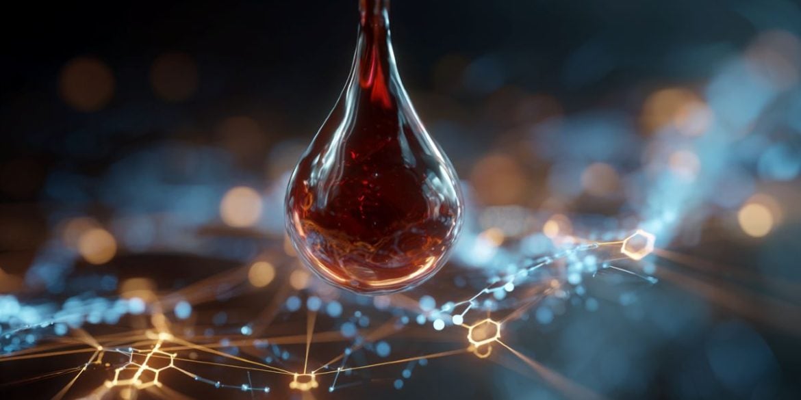 This shows a drop of blood and computer programming.