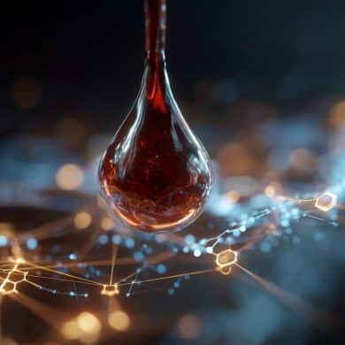 This shows a drop of blood and computer programming.