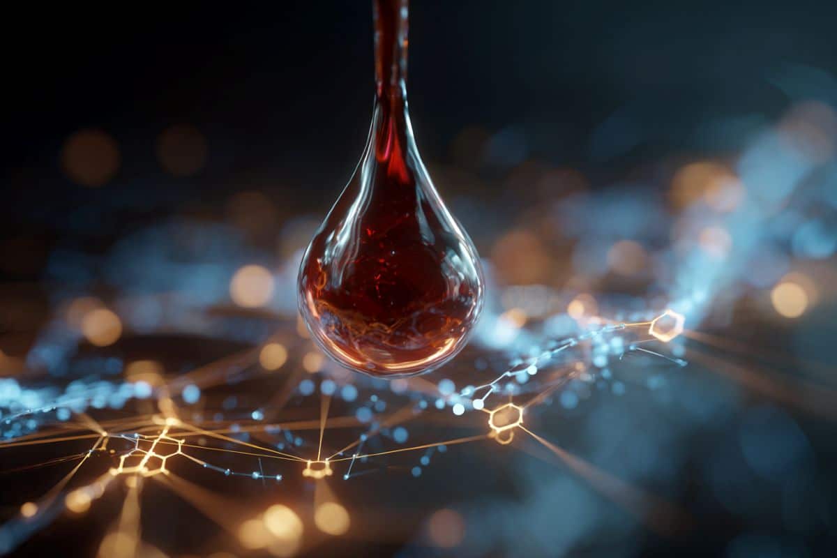 This shows a drop of blood and computer programming.