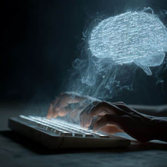 This shows a person typing and a brain with code in it.
