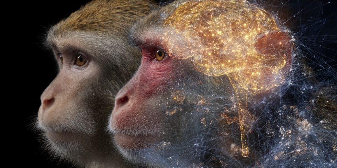 This shows two macaques, one has a glowing golden brain overlaid.