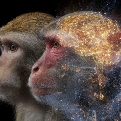 This shows two macaques, one has a glowing golden brain overlaid.