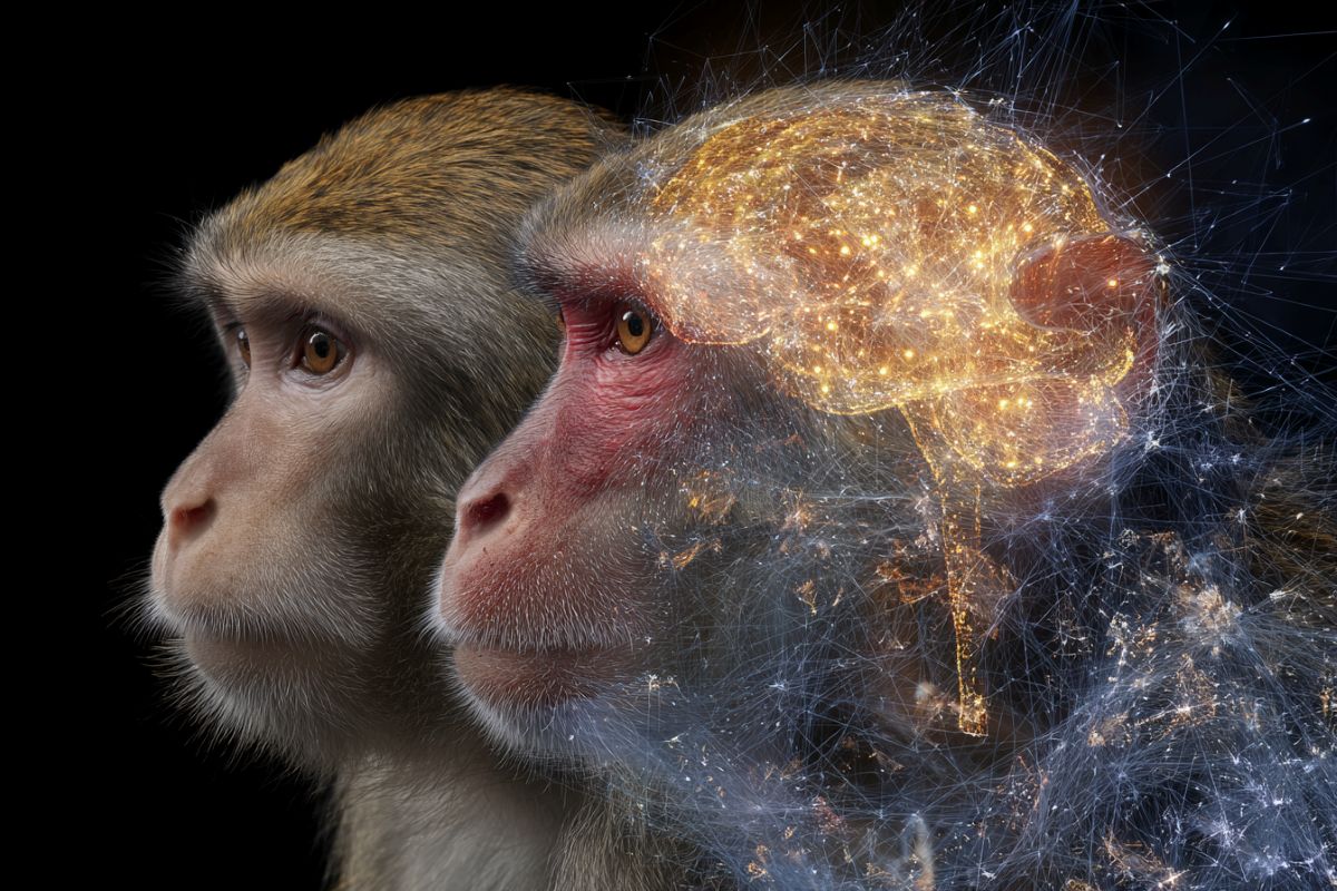 This shows two macaques, one has a glowing golden brain overlaid.