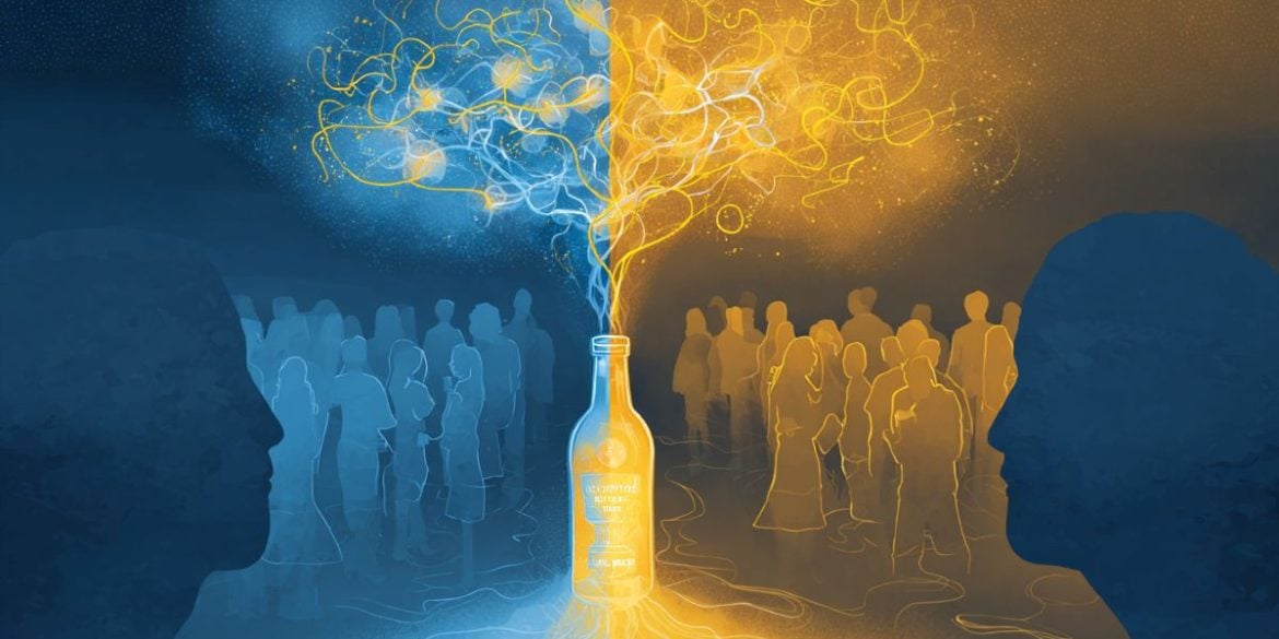 This shows a crowd of people and one person with a thought bubble and a bottle inside it.