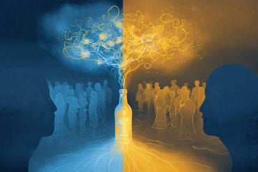 This shows a crowd of people and one person with a thought bubble and a bottle inside it.