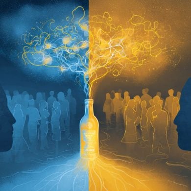 This shows a crowd of people and one person with a thought bubble and a bottle inside it.