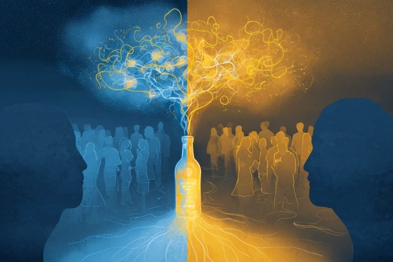 This shows a crowd of people and one person with a thought bubble and a bottle inside it.