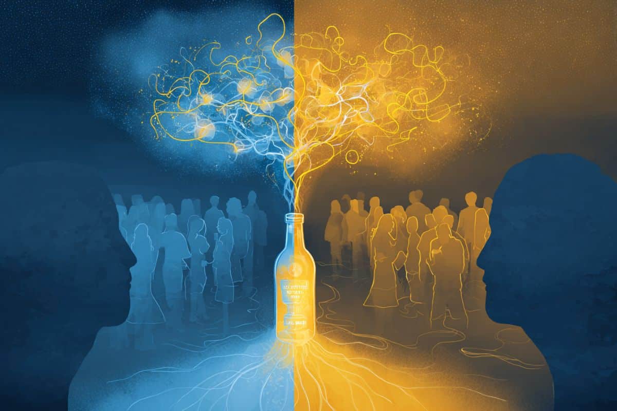 This shows a crowd of people and one person with a thought bubble and a bottle inside it.