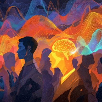 This shows people at a party and a brain.