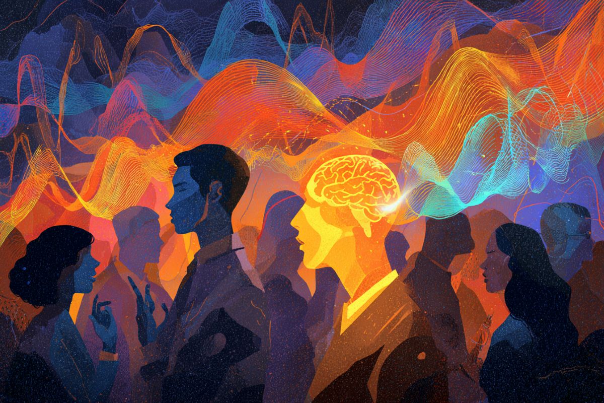 This shows people at a party and a brain.