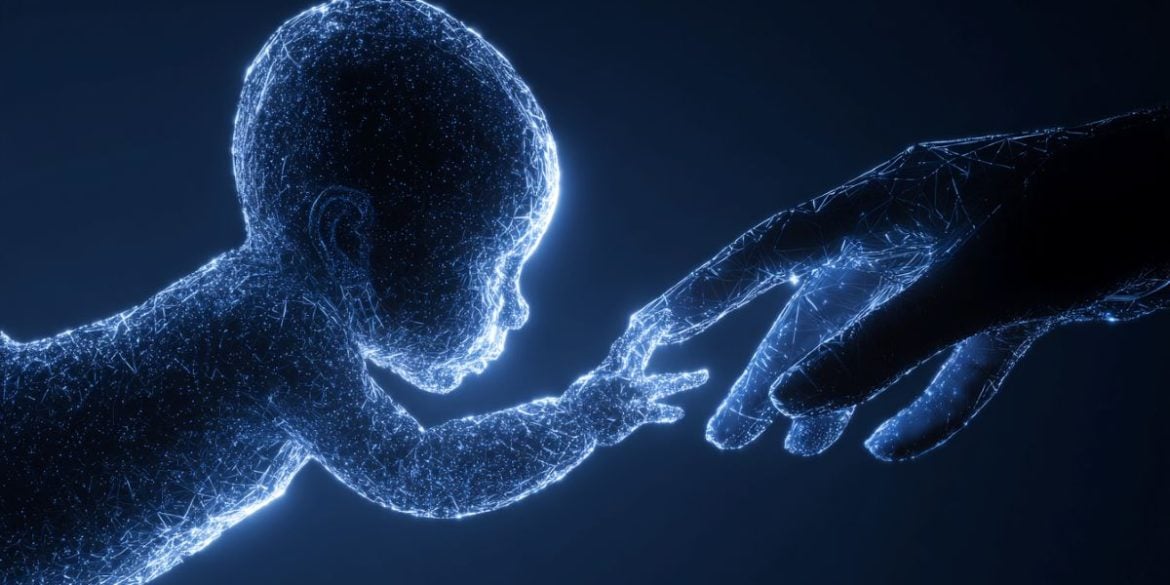 This shows the outline of a baby touching a hand.