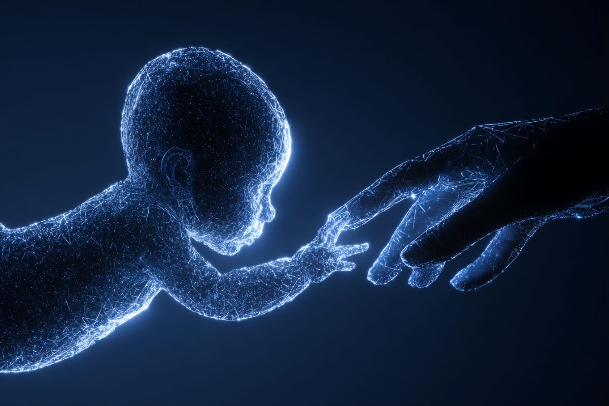 This shows the outline of a baby touching a hand.