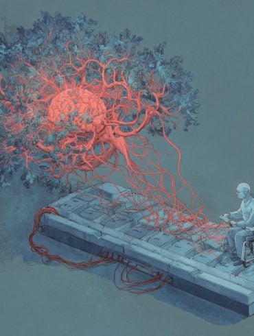 This shows a brain, a keyboard and a man in a wheelchair.