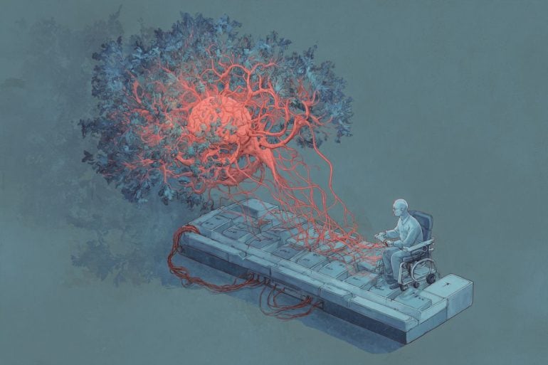 This shows a brain, a keyboard and a man in a wheelchair.