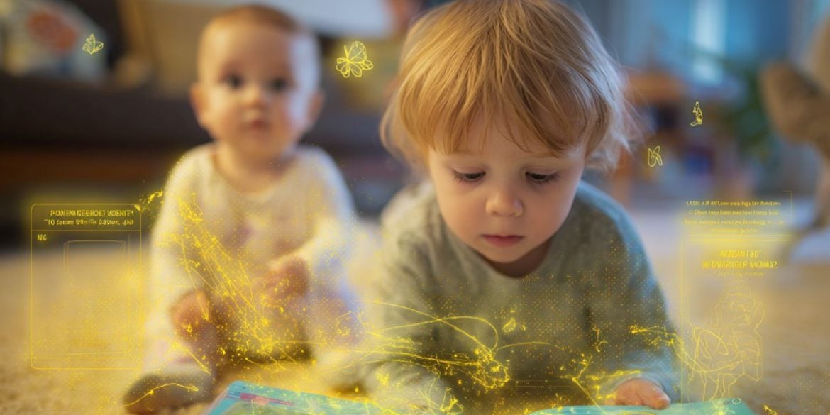 This shows a toddler with a book and an infant.