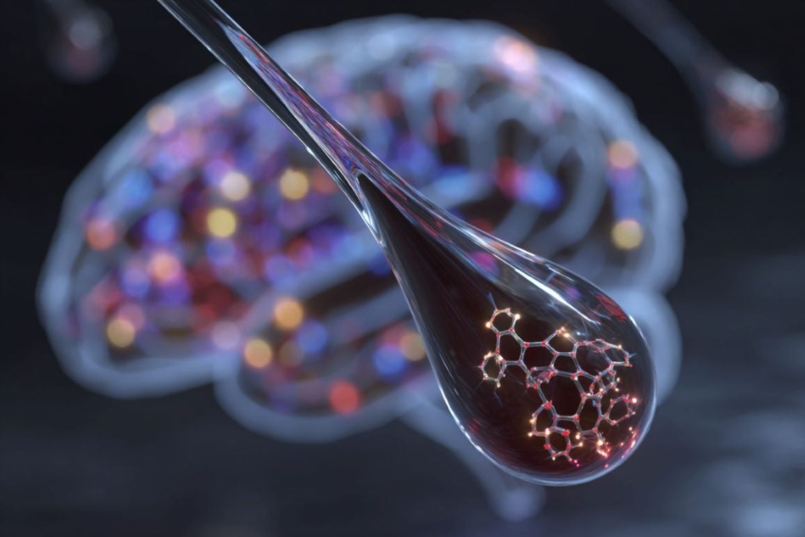 This shows a blood drop with a molecule inside it. Behind is a colorful brain.