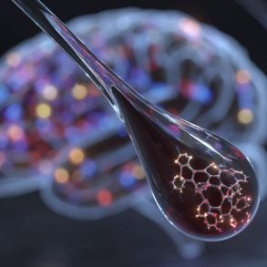 This shows a blood drop with a molecule inside it. Behind is a colorful brain.